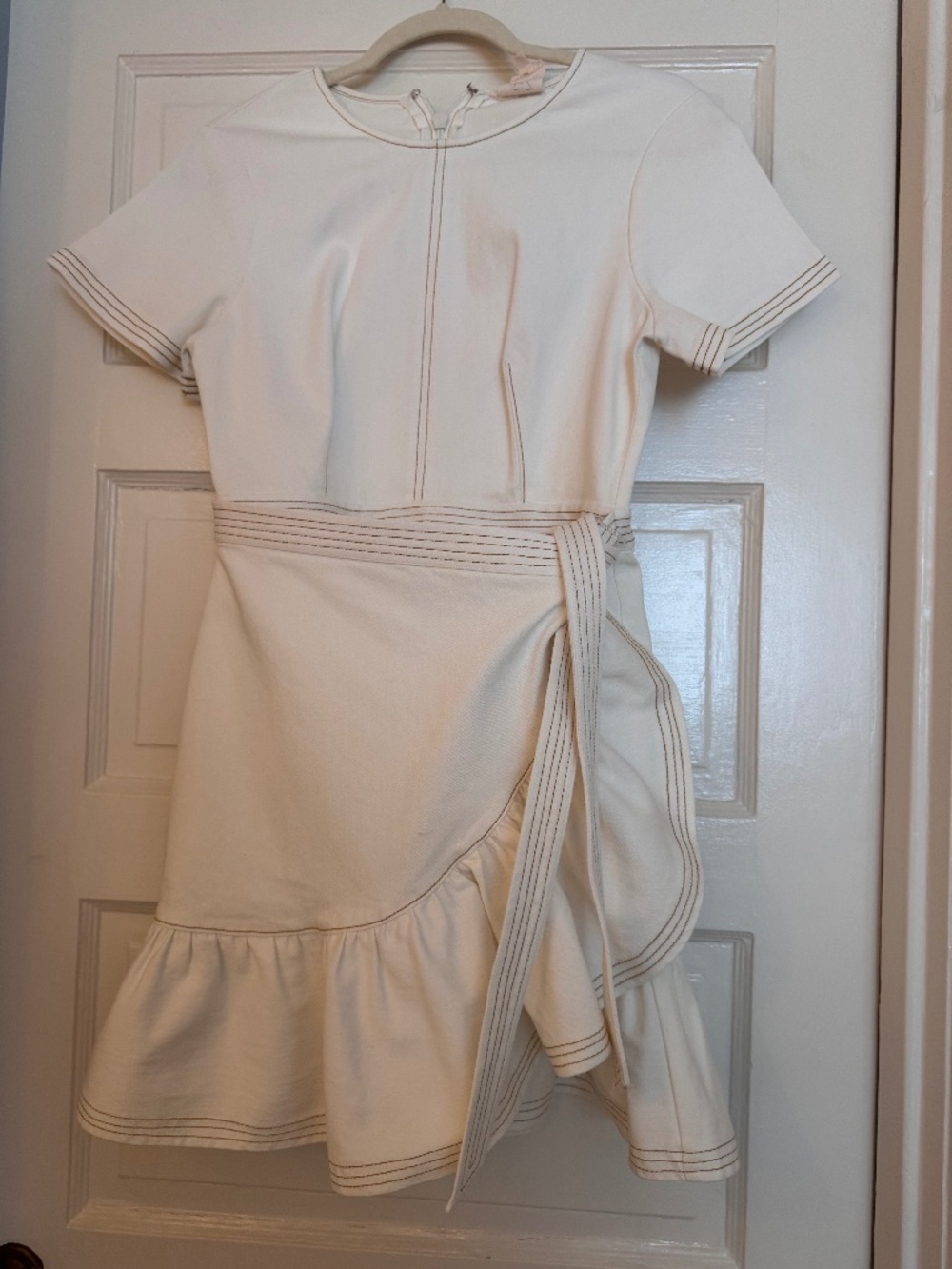 cinq a sept Cream Wrap-Style Short Sleeve Dress with Contrast Stitching